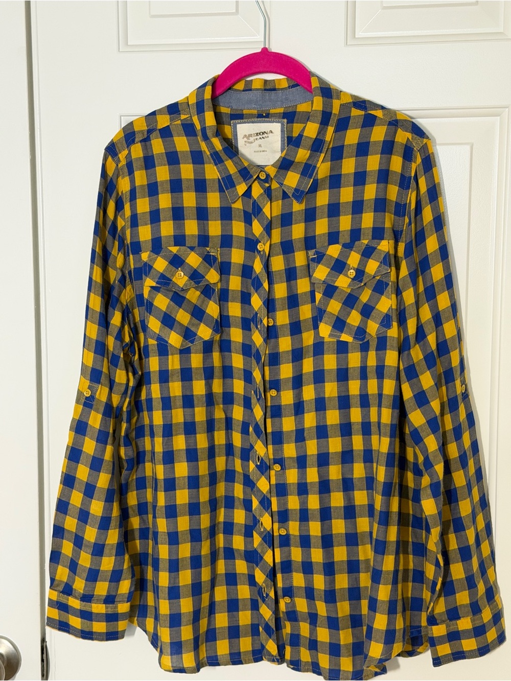 Arizona Jean Company Blue and Yellow Plaid Button-Down Shirt